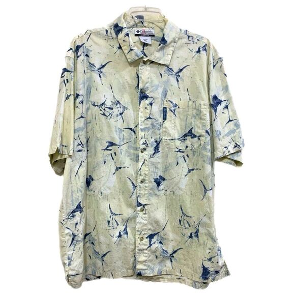 COLUMBIA Shirt Mens 100% Cotton Short Sleeve Button Up Cream Blue Swordfish. - Picture 1 of 10